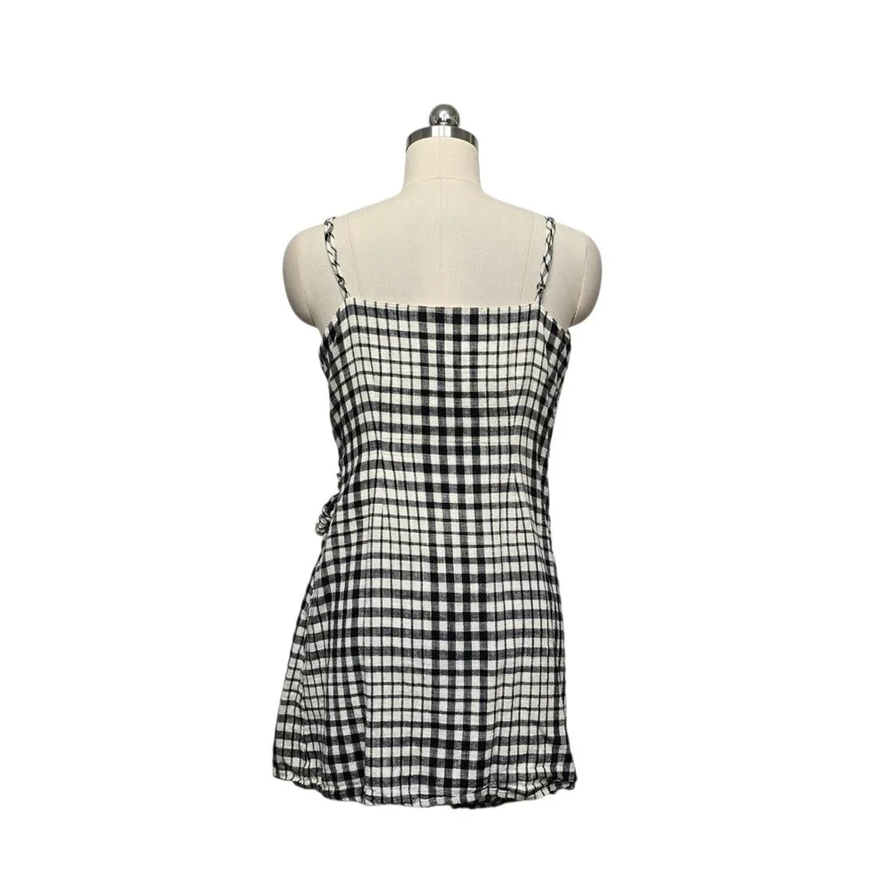 Free People Black White Gingham Plaid Wrap Mini Dress Size 8 Cotton Sleeveless